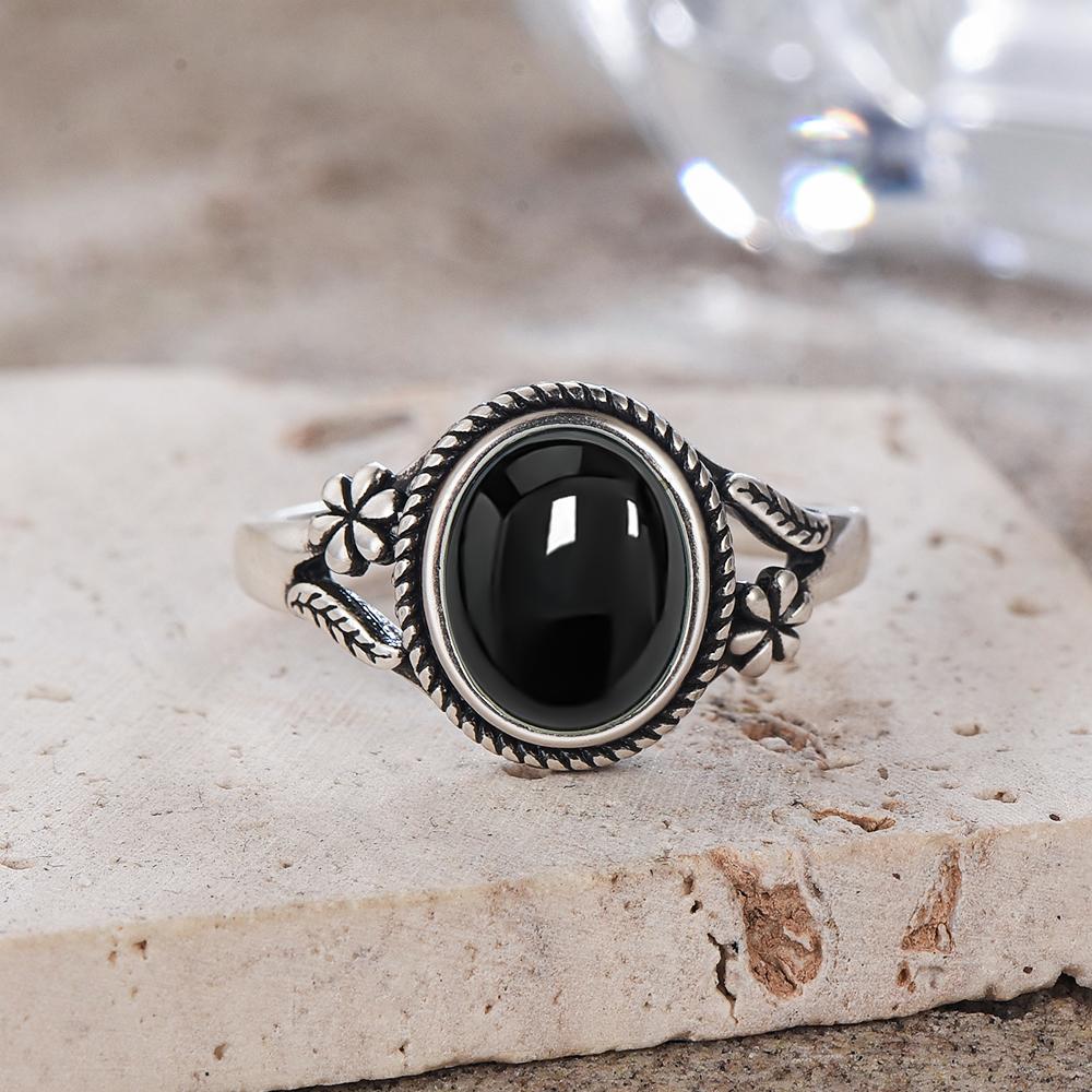Vintage  Sterling Silver Natural Black Onyx 8*10mm Ring Flower Shaped Ring Fine Jewelry Finger Ring For Women