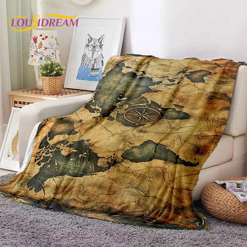 Retro Antike Seekarte Kraft Weltkarte Kompass Weiche Decke, Weiche Überwurfdecke für Zuhause Schlafzimmer Bett Sofa Abdeckung Kind