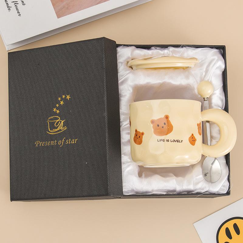 Korean Retro Bear Mug with Lid Spoon High Value Girl Couple Ceramic Cup Office Drinking Water Coffee Cup