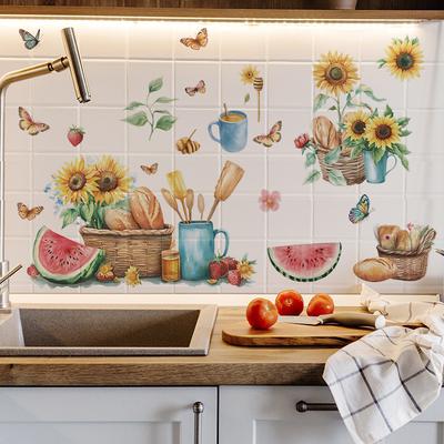 Handbemalte Sonnenblumen Brot Schmetterling Wandaufkleber Selbstklebend Abnehmbar für Küche Eingang Hintergrundwand Dekoration