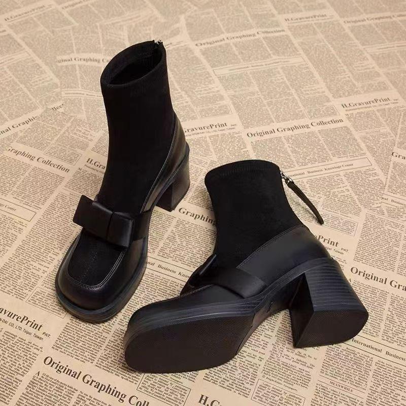 Fashion 2024 Bow Suede Women's Ankle Boots High Heel Square Toe Fashion Boots Women's Trendy Winter New High Heel Boots