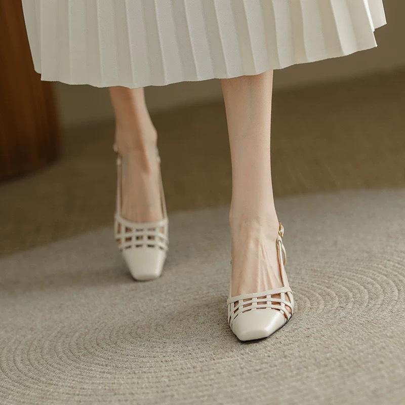 Elegant Heels Fashion Square Toe Hollow Thin Heel Sandals Women Summer Sexy Square Toe Buckle  Shoe Comfort Office Pumps