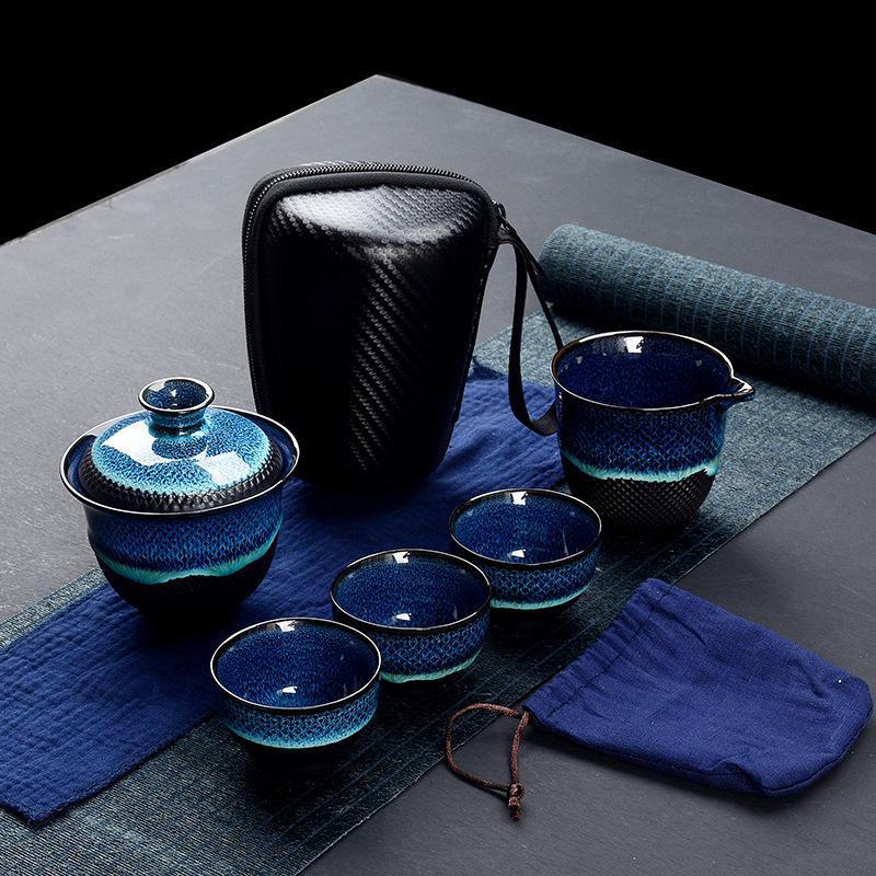 Portable Luxury Gongfu Tea Set with Kiln-Changed Tenmoku Glaze