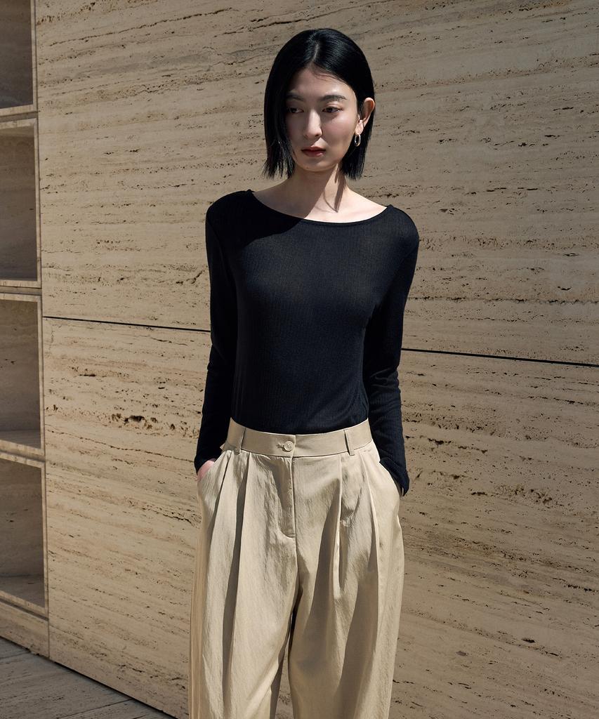 Siyajyu Sitp5285 See-Through Ribbed Boat Neck T-Shirt_Black