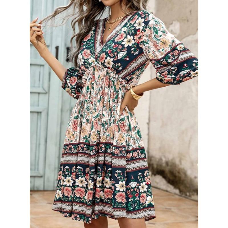 QICED Fashion Summer Spring 3/4 Sleeves  V-Neck Casual Dresses