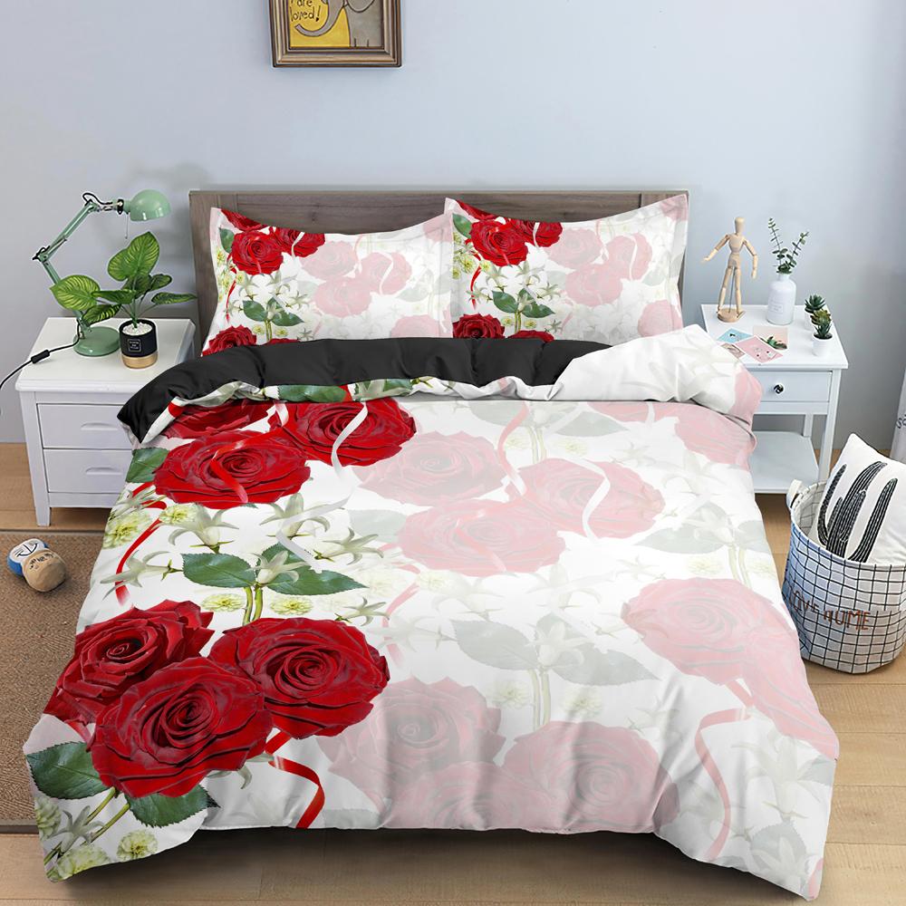 Red Rose King Queen Duvet Cover Valentine's Day Wedding Couple Flower Bedding Set 2/3Pcs Love Heart Floral Polyester Quilt Cover