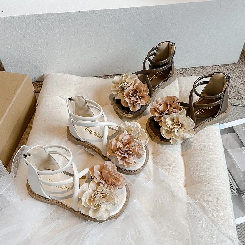 Kids Sandals with Sweet Flowers 2024 Summer Korean Edition Girls'  Fashion Princess Shoes for Party Wedding Elegant Temperament