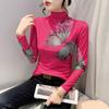 Mesh Temperament Bottoming New Fashion Women's Long-sleeved Printed High-neck T-shirt Top Slim