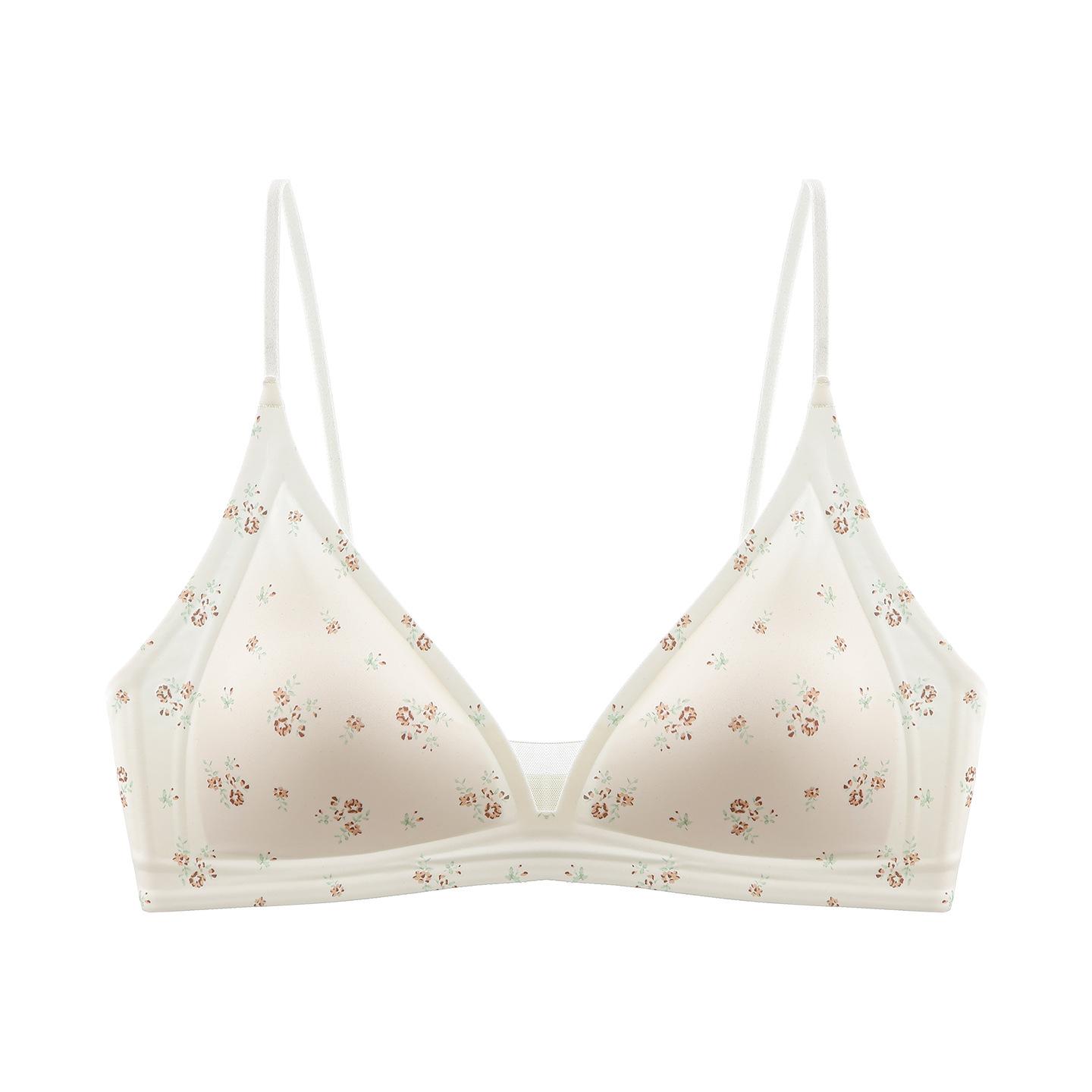 Girl floral French triangle cup underwear B smooth mesh big chest small non-empty cup anti-sagging bra women S 40-50kg