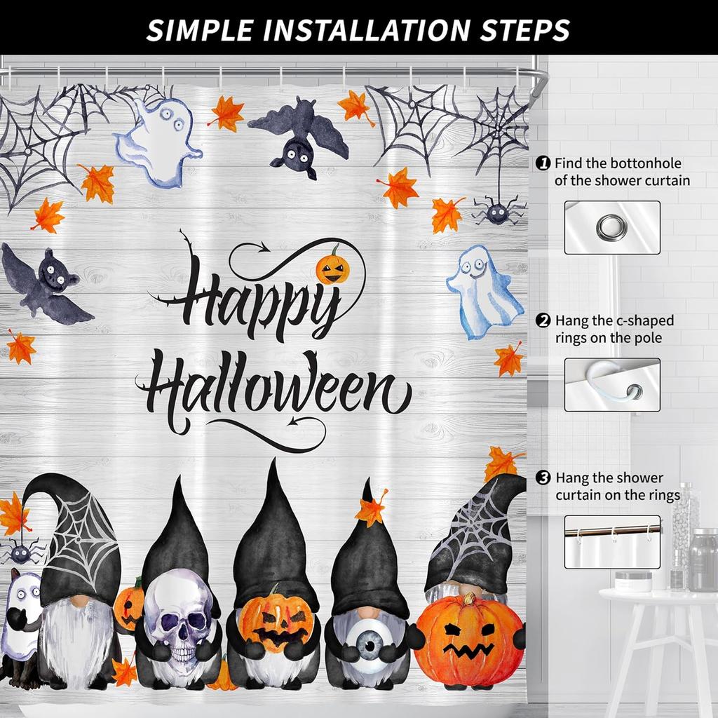 Halloween Shower Curtain Gnomes Pumpkins Ghosts Bats Spiders Happy Halloween Bathroom Decor Waterproof Fabric Festive Party