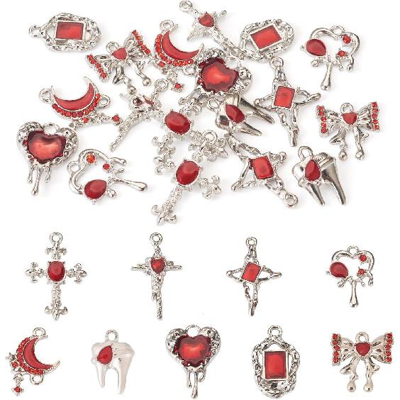 

Cheriswelry 18pcs Cross Heart Moon Bowknot Metal Pendants Gothic Style Alloy Enamel Dangle Charms Rectangle Teeth Rhinestone Earring Charms 18~31mm