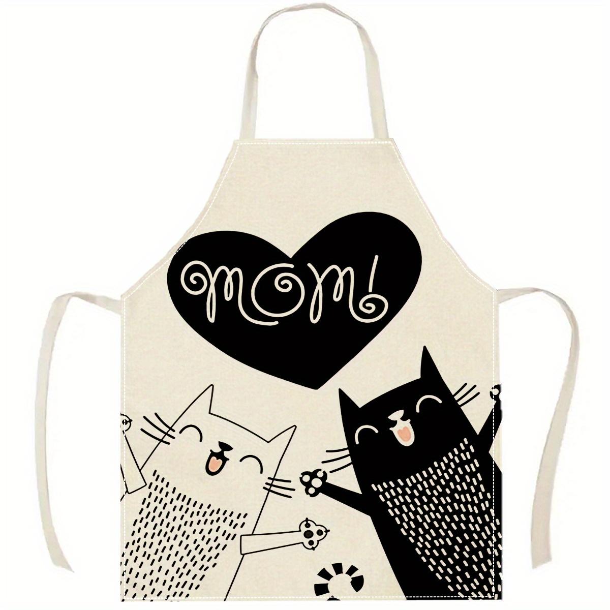

1pc Mom Heart Cats Apron Cute Cartoon Black White Kitten Kitchen Cooking Baking Chef Gift For Mother Mommy Linen Bib Apron 38X47cm(15X19in)