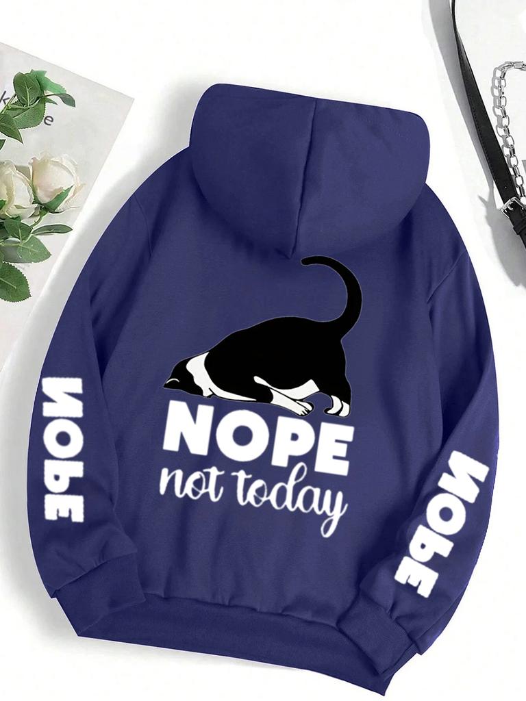 Casual Woman Men Hoodies Nope Not Today Cute Cat Printing Pullovers Loose Pocket Warm Fleece Sweatshirts Autumn Female Clothing