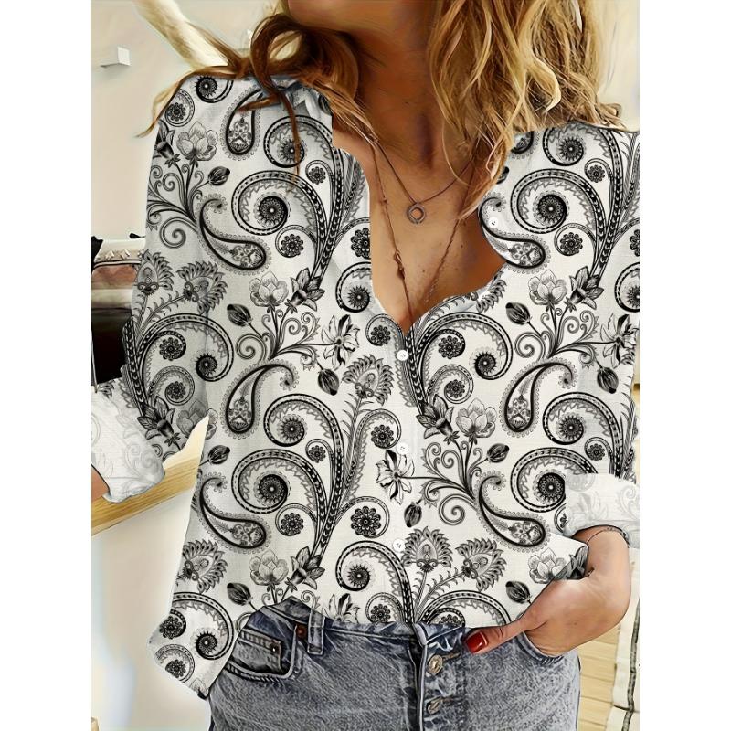 Women'S Fashion Printed Long Sleeve Collared Shirt