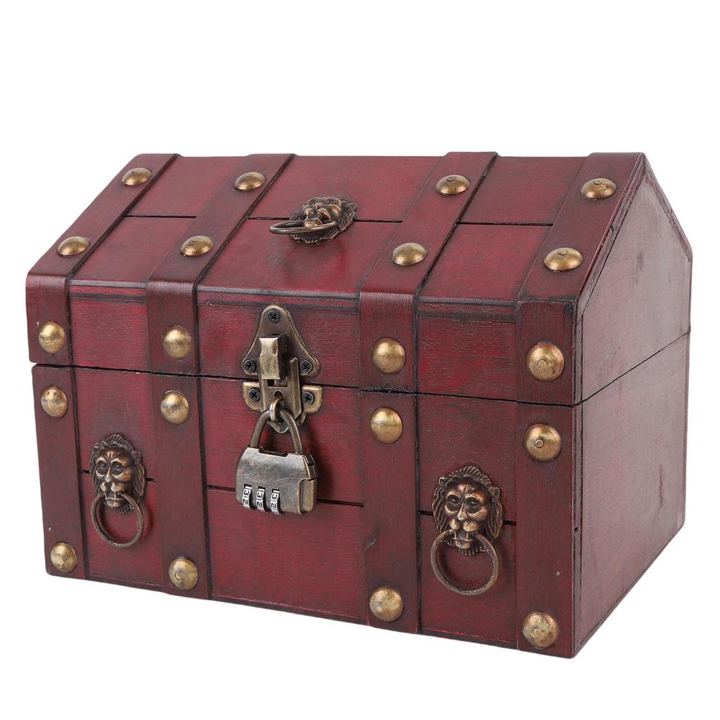 Vintage Wooden Jewelry Storage Box Decorative Trinket Chest Organizer with Hinged Lid Password Lock