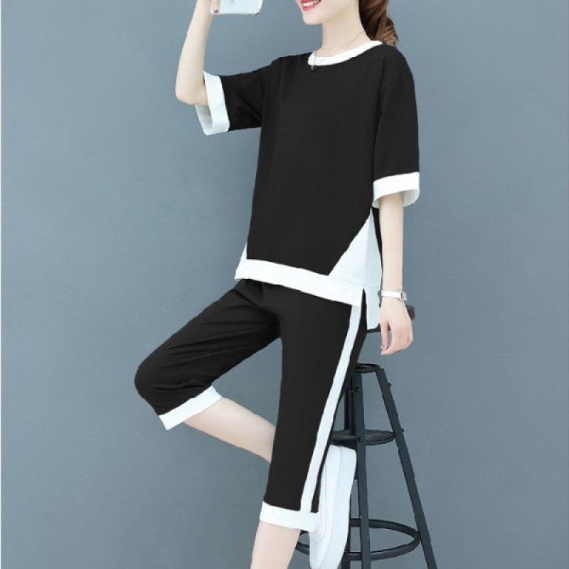 Casual Sportswear Suit for Women Summer Korean Style Loose Fashion Cropped Pants Two-piece Set