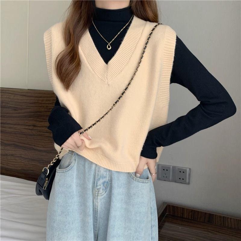 Women Sweater Vest Solid Vintage Casual Spring V-Neck Design Sleeveless Vest Elegant Waistcoats