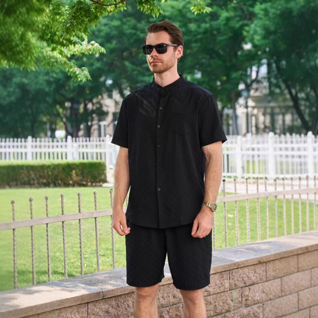 Stand-up Collar Button Short-sleeved T-shirt, Shirt And Shorts Set