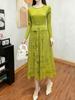 Elegant French Spliced Lace Dress for Women, Beaded Round Neck, Slimming Pleated Design, High Elasticity.