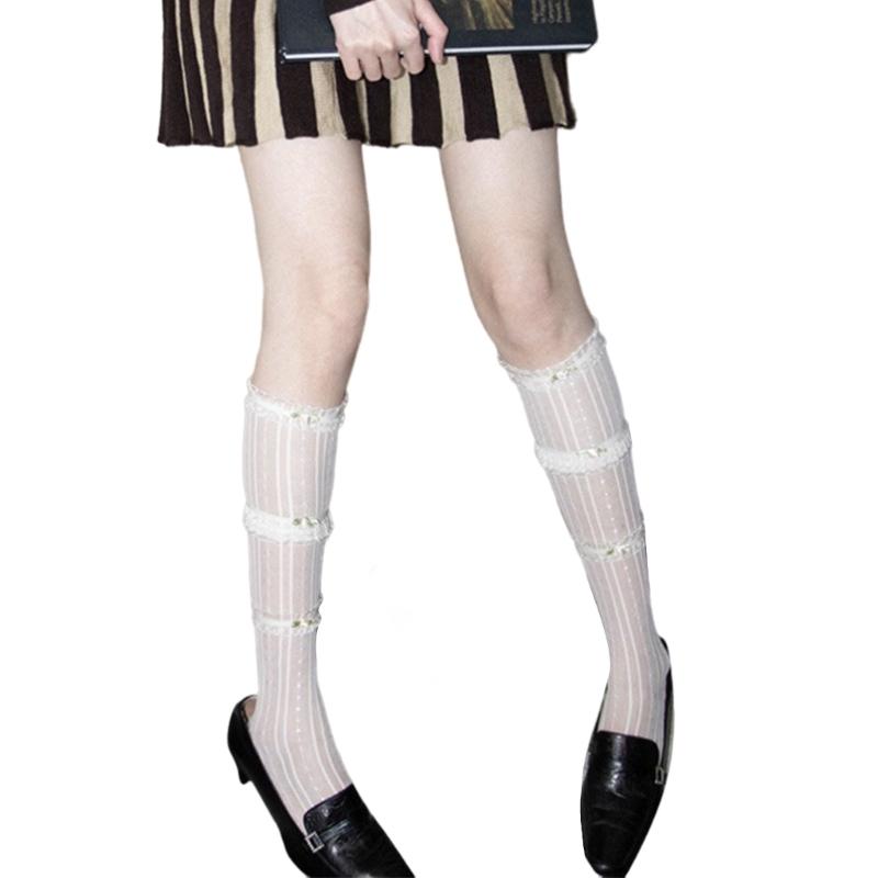 Женские и девичьи гольфы с рюшами, прозрачные, до колена, эластичные шелковые чулки, носки для студенток, носки-трубочки, нейлоновые носки на икру белый