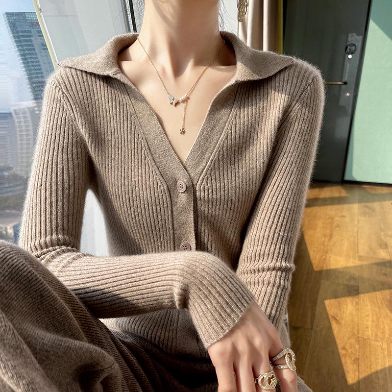 2024 Autumn/Winter Wool Lapel Cardigan with Pockets - Seven-Stitch, Thick, Solid Color Knitwear