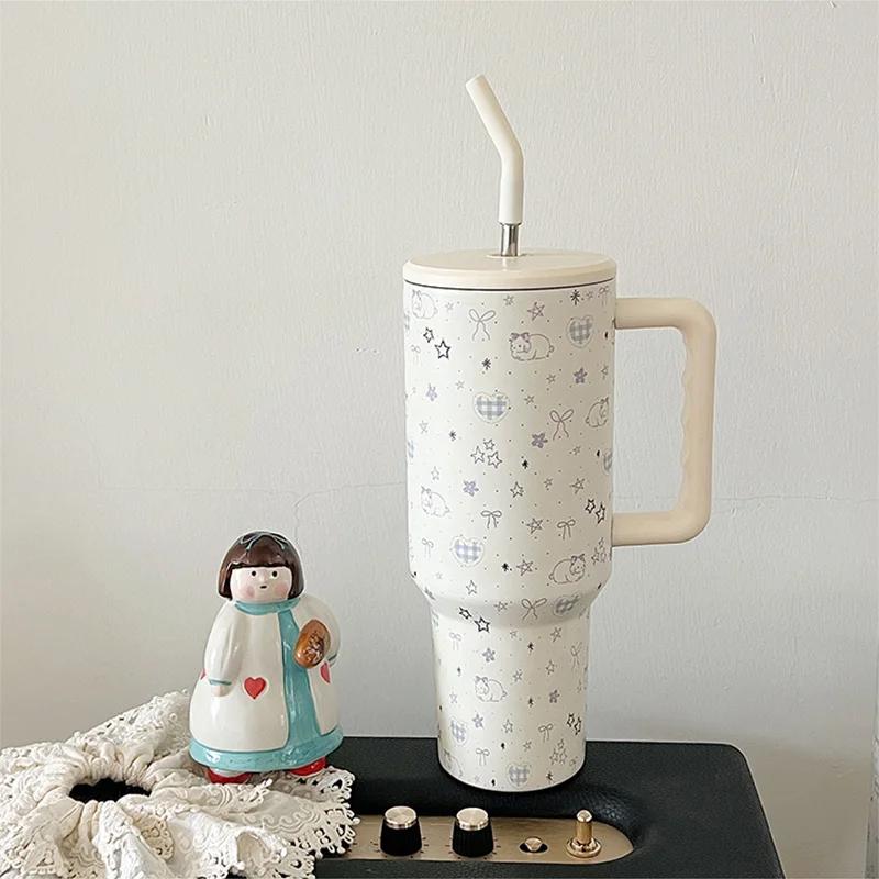 1.2L Bow Rabbit Ice Cup Thermos Bottle With Handle Straw Stainless Steel Insulated Tumbler Large Capacity Coffee Thermal Bottle