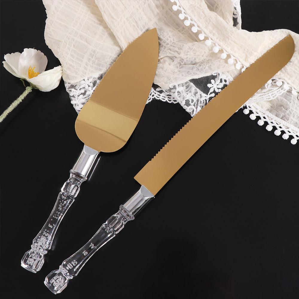

2Pcs Gold Wedding Cake Knife Transparent Crystal Handle Dessert Cutter Pizza Knife Birthday