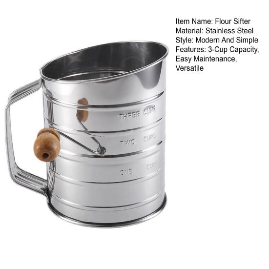 Stainless Steel Flour Sifter Hand Cranked Flour Sieve with Measurement Markings 3-Cup Capacity