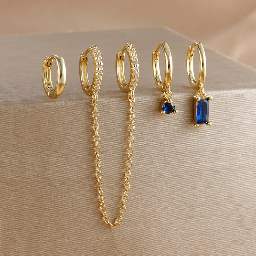 4pcs Fashion Colorful Zirconia Chain Square Earrings Set for Women Two Hole Round Circle Gold Color Hoop Earring Wedding Jewelry