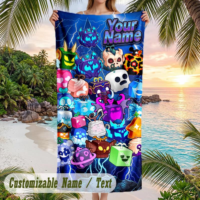 Blox Fruits Beach Towel, Personalized Custom Text, Quick Dry Soft Large Towel For Swimming Pool Travel