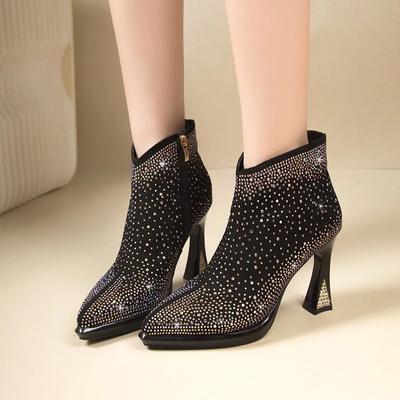 Fashion Autumn Winter New Rhinestone Thin Heel Ankle Boots for Women Fashion Black Designer Soft Sole Sexy Women's High Heels Shoes