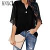 HNXC Women's Fashion Casual Solid Color Print Short Sleeve V Neck Blouses & Shirts