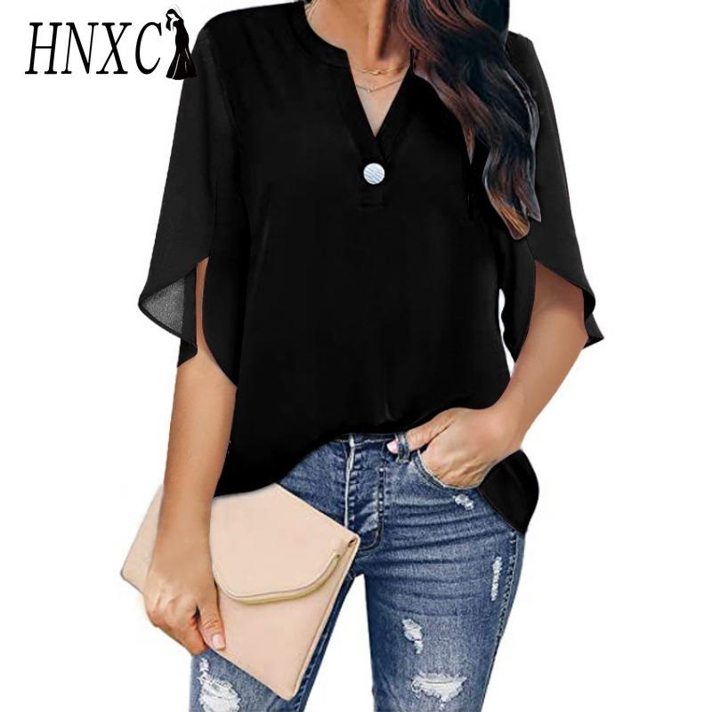 HNXC Women's Fashion Casual Solid Color Print Short Sleeve V Neck Blouses & Shirts