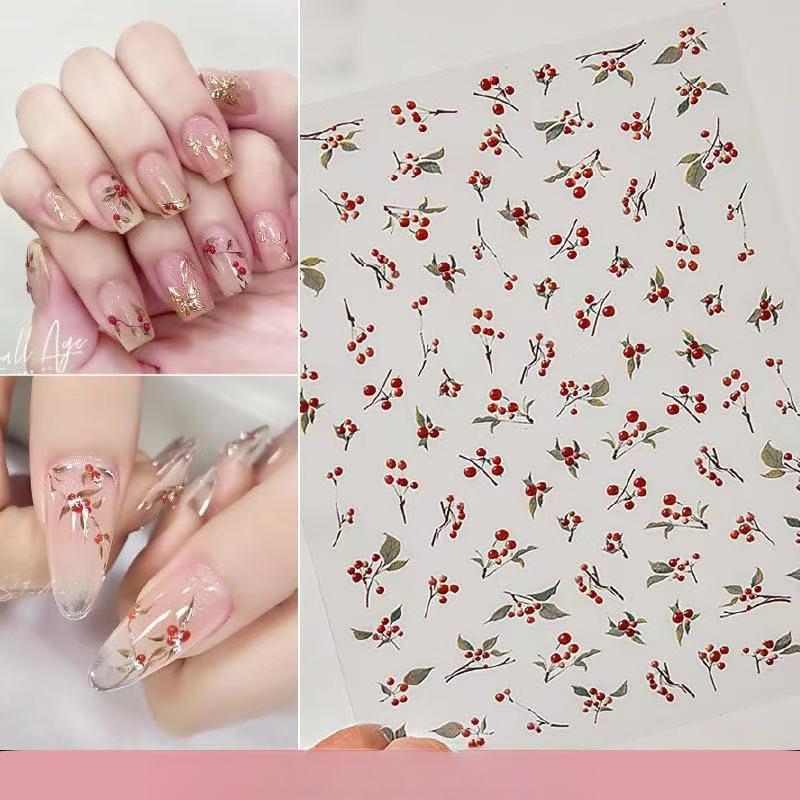 Chinese Acacia Bean Nail Art Sticker Relief Jelly Crystal Diamond Red Bean Green Leaf Nail Decorative Decal Piece