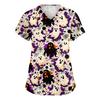 Women's V-Neck Short Sleeve Scrub Top with Pockets Halloween Print for Work
