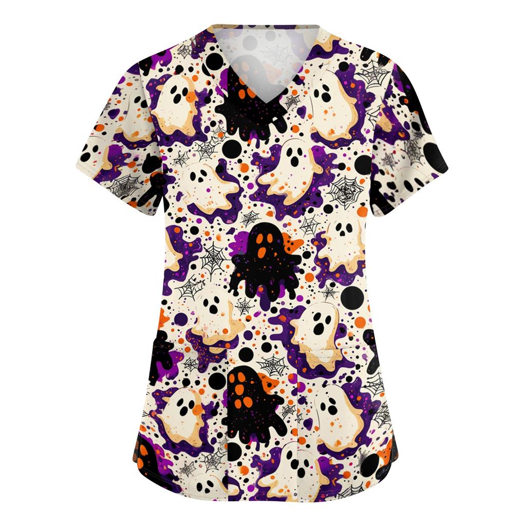 Women's V-Neck Short Sleeve Scrub Top with Pockets Halloween Print for Work