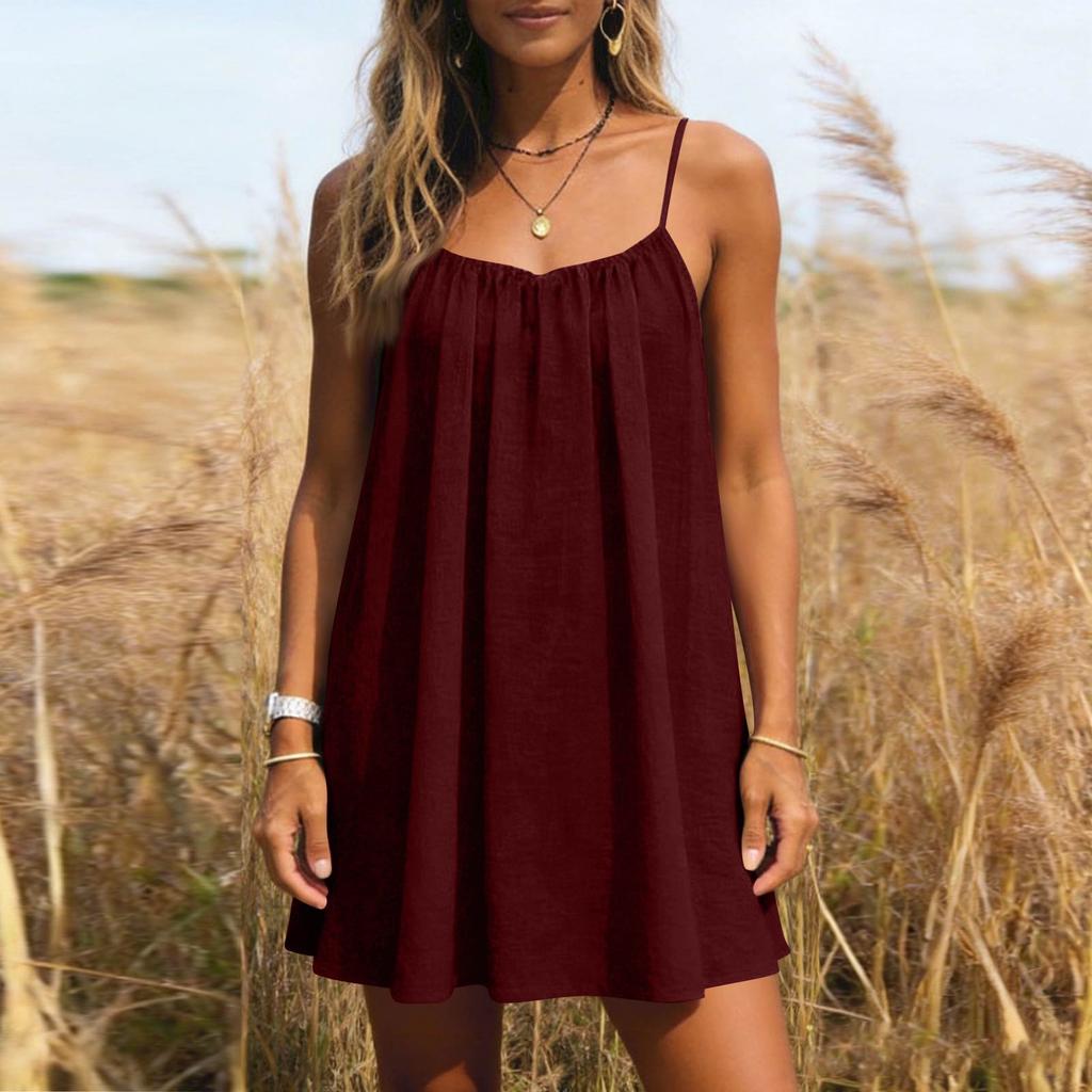 Women's Backless Spaghetti Strap Dress, Sleeveless Thin-strapped Flowy Beach Vacation Short Dress, With Back Tie.