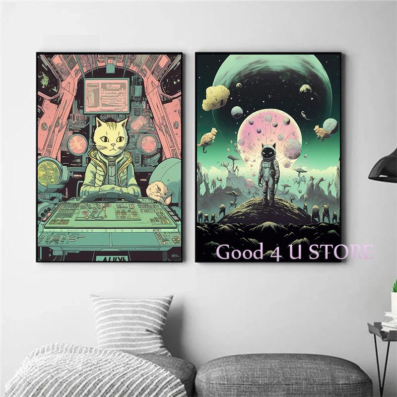 Retro Futuristic Space Astronaut Cat Nasa Cosmic Surrealism Animals Poster Canvas Painting Preppy Wall Art Pictures Home Decor