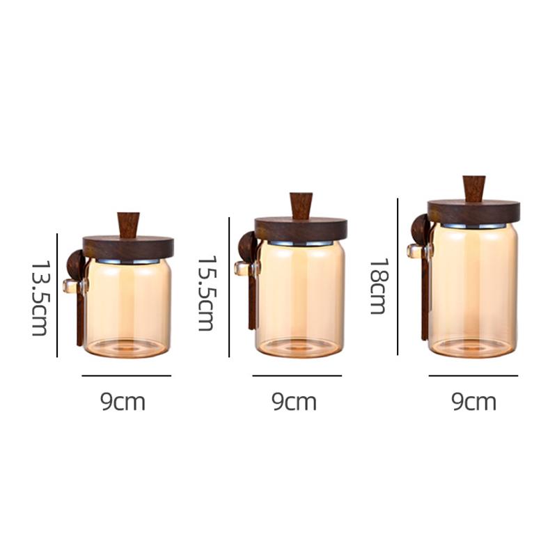 Creative Amber Coffee Bean Tea Storage Jar with Spoon Sealed Jar High Borosilicate Glass Sealed Bottle Wooden Lid Food Container