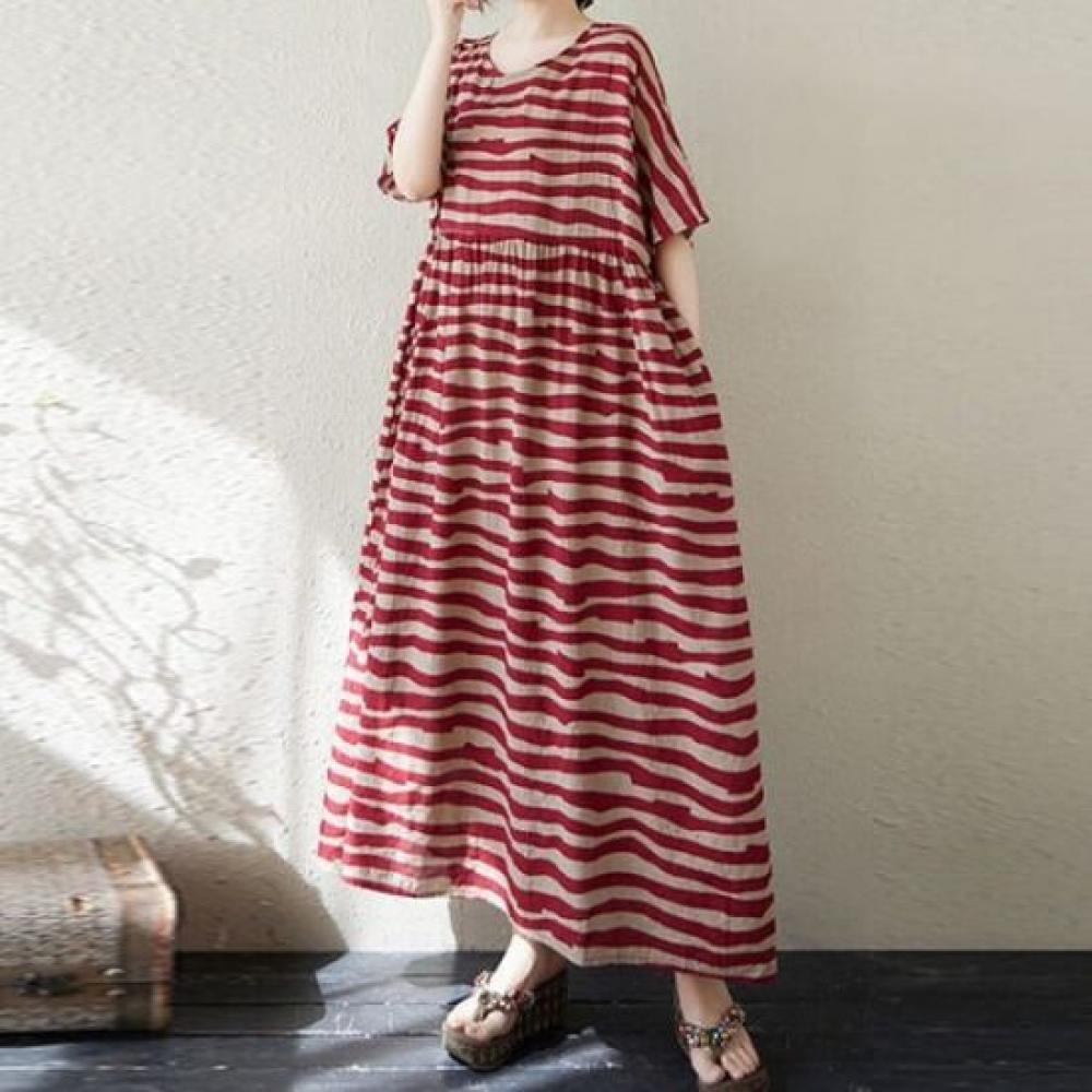 Navava Loose Fit Striped Round Neck Short Sleeve Long Dress No912