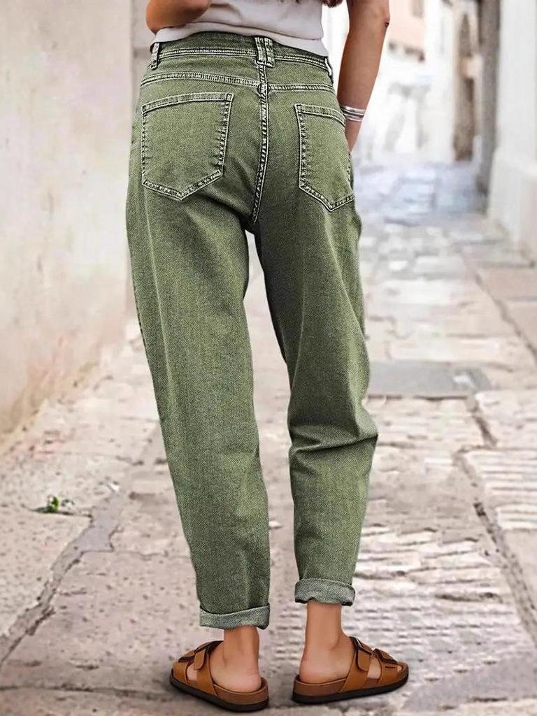 Green Button-Row Mid-Waist Straight-Leg Jeans with Slant Pockets for All Seasons