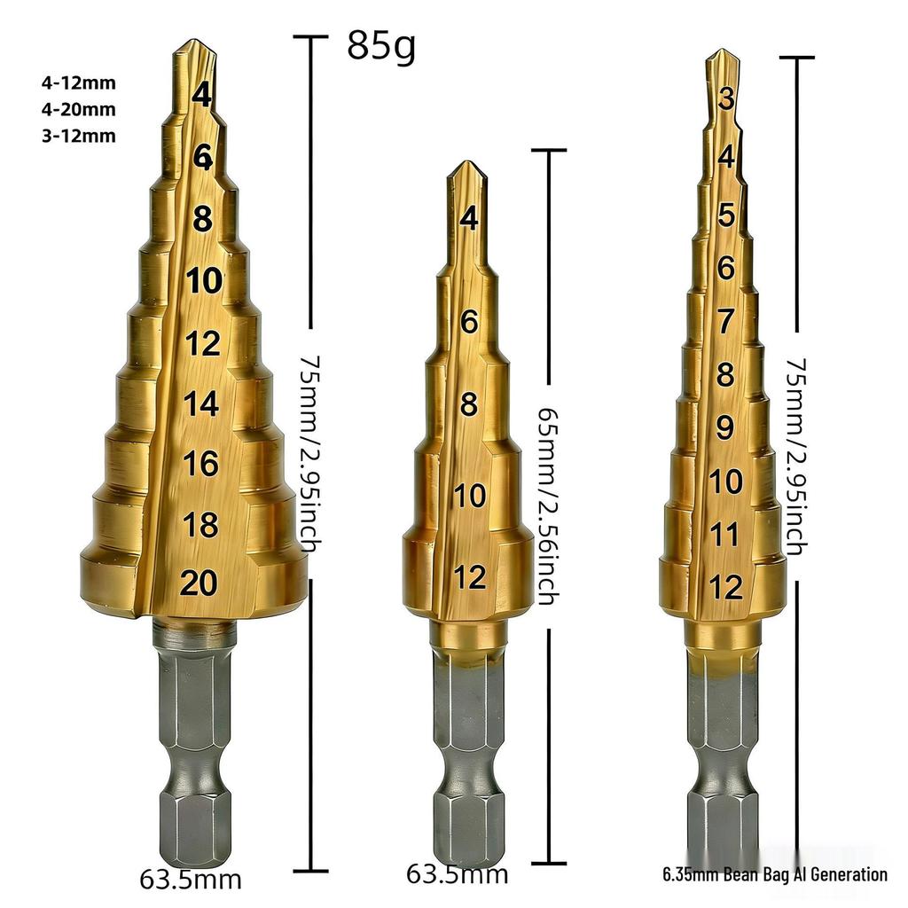 6-Piece Titanium Coated Serrated Step Drill Bit Set - Rustproof, Durable, High-Efficiency Twist Hole Opener.