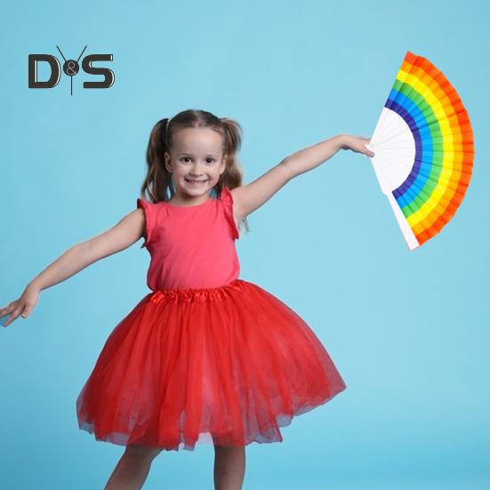 Rainbow Folding Fan Portable Plastic Handheld Colorful Summer Cooling Fan Decoration Dance Performance Props Party Costume Accessories