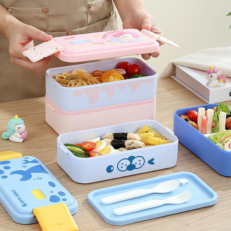 Children's Lunch Box, Cute Cartoon Compartmented Lunch Box, Double-layer Lunch Box, Microwaveable, Portable Student Lunch Box