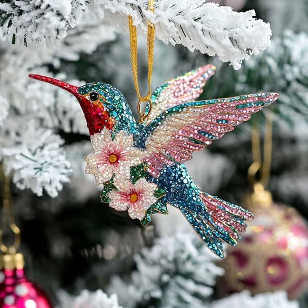 2D Acrylic Hummingbird Ornament Colorful Crystal - Like Bird With Flower For Christmas Tree Hanging Holiday Home Decor Pendant