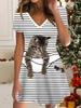 Fashion Women's V Neck Short Sleeve Cat Printed  Dress Sex Short Skirt Dresses
