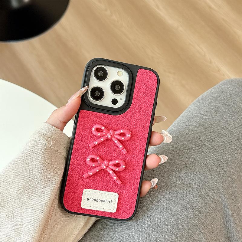 For Apple 16 Leather Solid Color Mobile Phone Case Simple for IPhone15Promax Bow 17 Women's Model 14