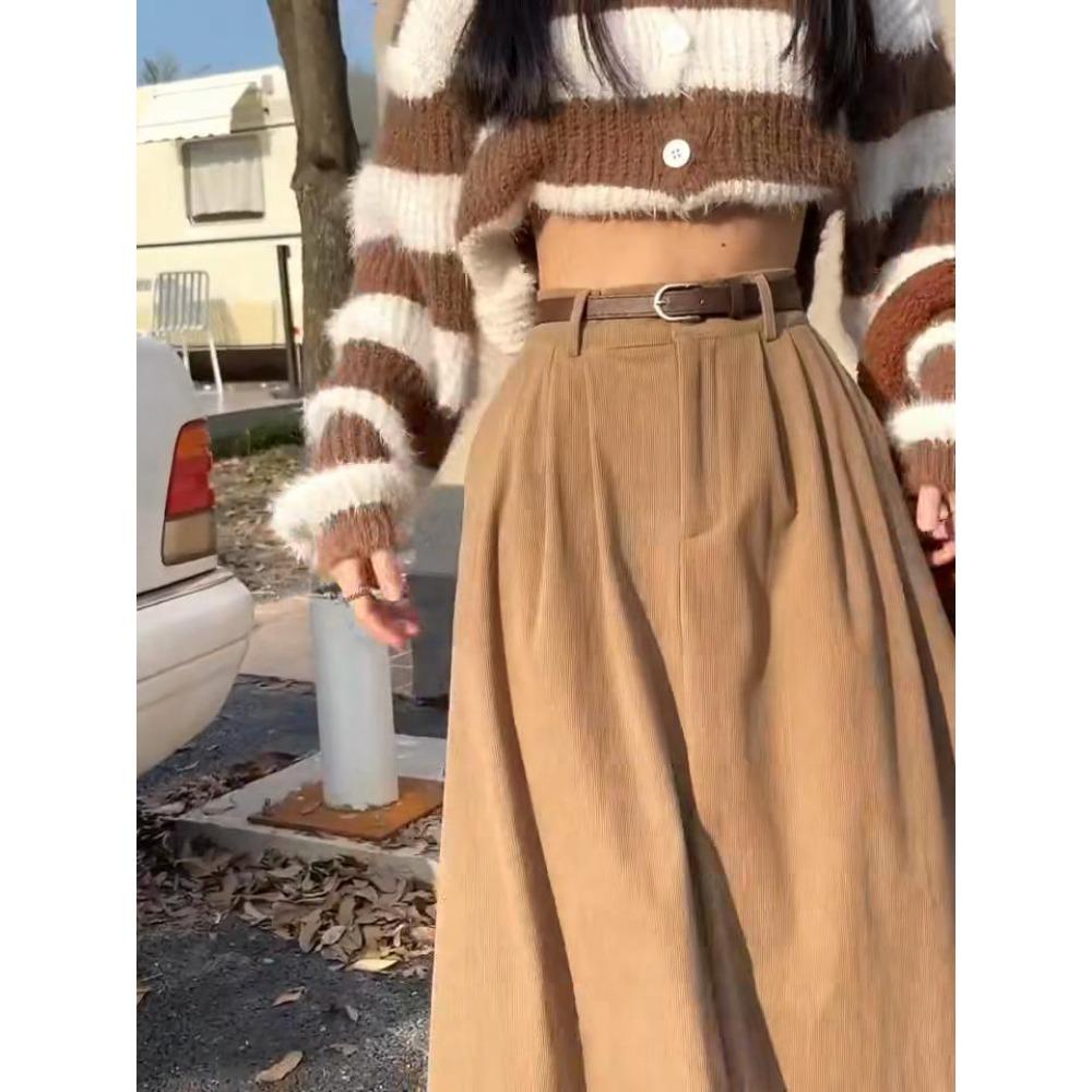Korean Women's Brown Skirt Autumn Winter High-waisted Corduroy Long Skirt Ladies College Style Pleated A-line Skirts