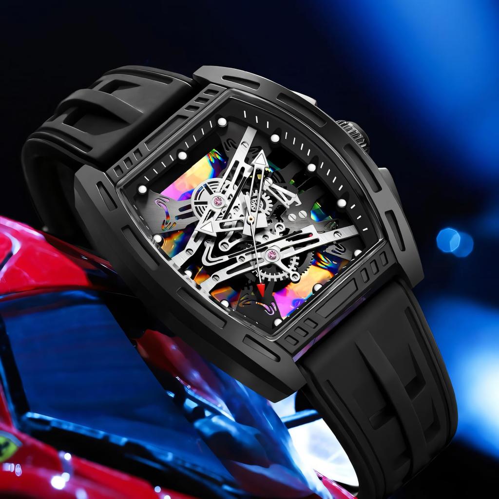New Business Cool Wine Barrel Shaped Hollowed Dial Men's Wristwatch Silicone Strap Waterproof Luminous Quartz Male Watch