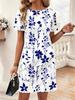 Women'S Summer Blue White Leaf Random Print Dress. Crew Neck Short Sleeve T-Shirt Dress. Casual Versatile Outfit for Dating Travel And Daily Wear